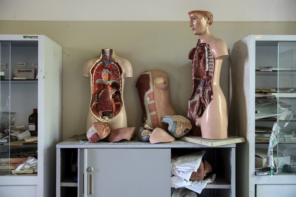 Human mannequins on a lab table.